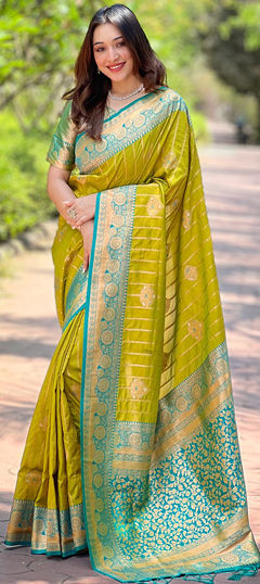 Green color Saree in Silk fabric with Weaving, Zari work