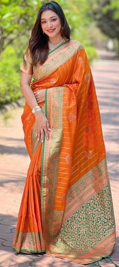 Orange color Saree in Silk fabric with Weaving, Zari work