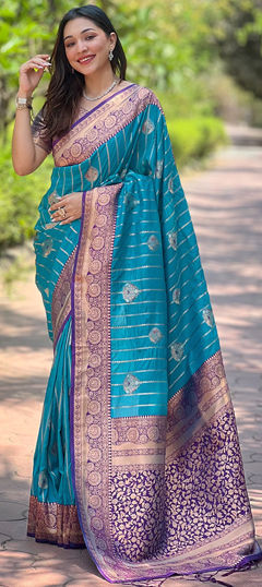 Blue color Saree in Silk fabric with Weaving, Zari work