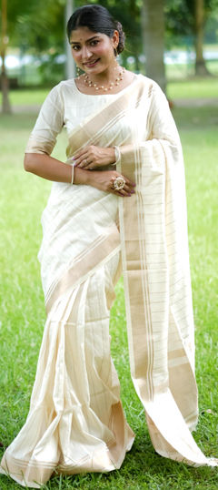 White and Off White color Saree in Raw Silk fabric with Weaving, Zari work