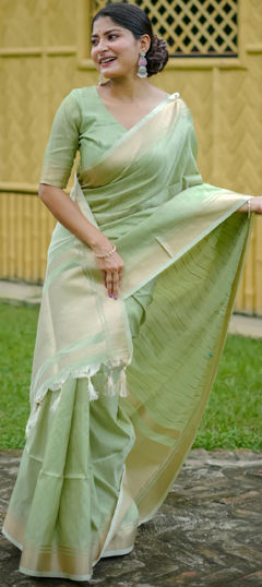 Green color Saree in Raw Silk fabric with Weaving, Zari work