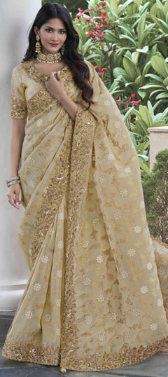 Beige and Brown color Saree in Viscose fabric with Embroidered, Resham, Sequence, Thread work