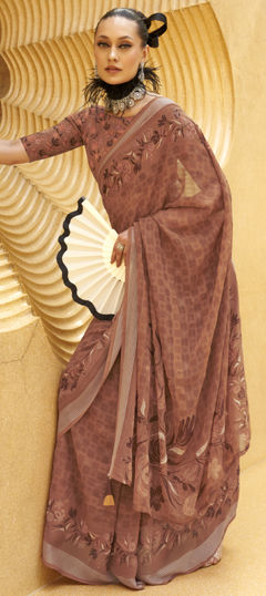 Beige and Brown color Saree in Georgette fabric with Printed work