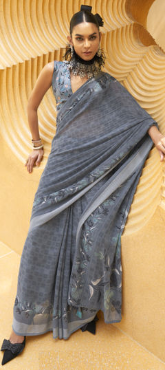 Black and Grey color Saree in Georgette fabric with Printed work