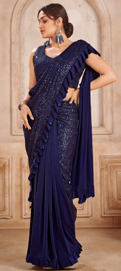 Festive, Reception, Wedding Blue color Readymade Saree in Viscose fabric with Classic Sequence work : 1968747