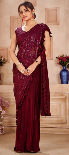 Festive, Reception, Wedding Red and Maroon color Readymade Saree in Viscose fabric with Classic Sequence work : 1968748