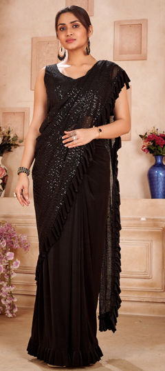 Festive, Reception, Wedding Black and Grey color Readymade Saree in Viscose fabric with Classic Sequence work : 1968749