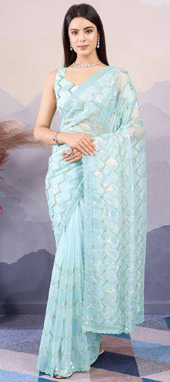 Engagement, Festive, Wedding Blue color Saree in Net fabric with Classic Sequence, Thread work : 1968755