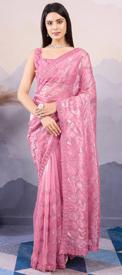 Engagement, Festive, Wedding Pink and Majenta color Saree in Net fabric with Classic Sequence, Thread work : 1968758