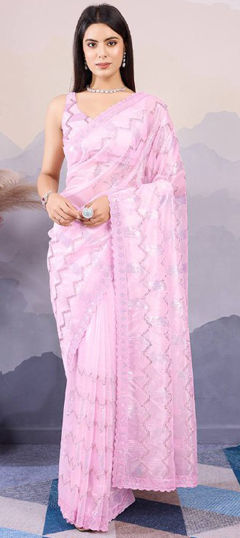 Engagement, Festive, Wedding Pink and Majenta color Saree in Net fabric with Classic Sequence, Thread work : 1968760