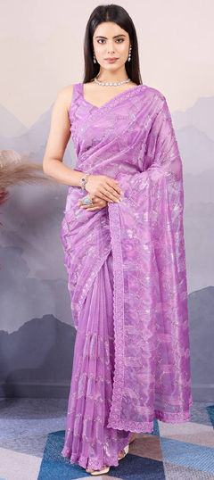 Engagement, Festive, Wedding Purple and Violet color Saree in Net fabric with Classic Sequence, Thread work : 1968773