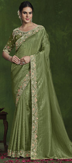 Green color Saree in Crushed Silk fabric with Embroidered, Sequence, Thread work