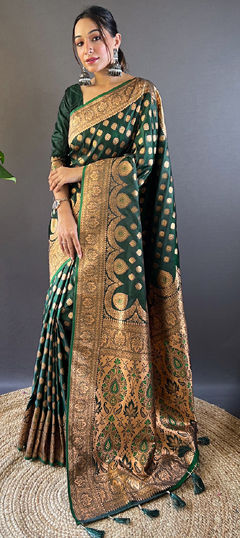 Green color Saree in Satin Silk fabric with Weaving, Zari work