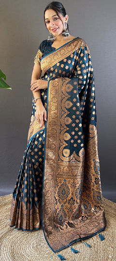 Blue color Saree in Satin Silk fabric with Weaving, Zari work