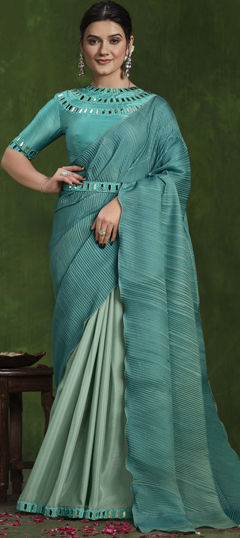 Blue color Saree in Crepe Silk, Georgette fabric with Mirror, Thread work