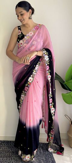 Festive, Reception, Wedding Pink and Majenta color Saree in Faux Georgette fabric with Classic Embroidered, Printed, Sequence, Weaving work : 1968799