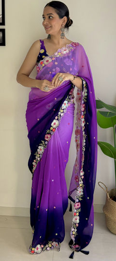 Purple and Violet color Saree in Faux Georgette fabric with Embroidered, Printed, Sequence, Weaving work