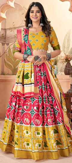 Pink and Majenta, Yellow color Lehenga in Silk cotton fabric with Printed work