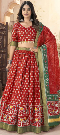 Red and Maroon color Lehenga in Silk cotton fabric with Printed work