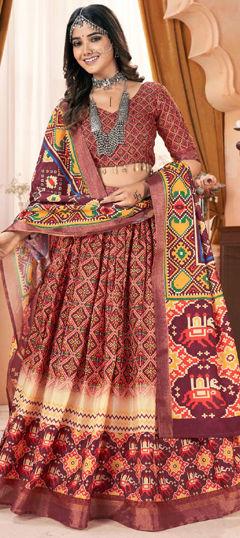 Beige and Brown color Lehenga in Silk cotton fabric with Printed work