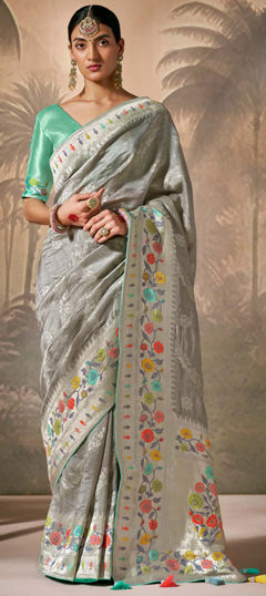 Black and Grey color Saree in Silk fabric with Weaving, Zari work