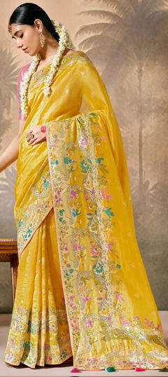 Yellow color Saree in Silk fabric with Weaving, Zari work