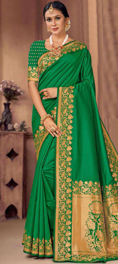 Green color Saree in Silk fabric with Weaving, Zari work