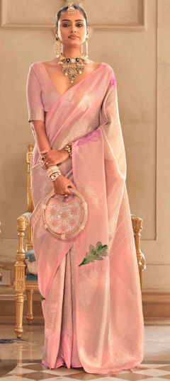 Pink and Majenta color Saree in Silk fabric with Printed, Weaving work
