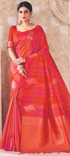 Red and Maroon color Saree in Silk fabric with Printed, Weaving work