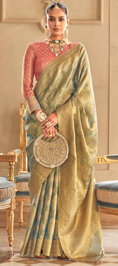 Bridal, Traditional, Wedding Blue, Gold color Saree in Tissue fabric with South Stone, Weaving, Zari work : 1968864