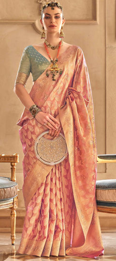 Bridal, Traditional, Wedding Beige and Brown color Saree in Tissue fabric with South Stone, Weaving, Zari work : 1968866