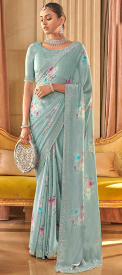 Bridal, Traditional, Wedding Blue color Saree in Satin Silk fabric with South Floral, Printed, Thread work : 1968868