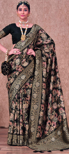 Black and Grey color Saree in Silk fabric with Floral, Printed, Weaving, Zari work