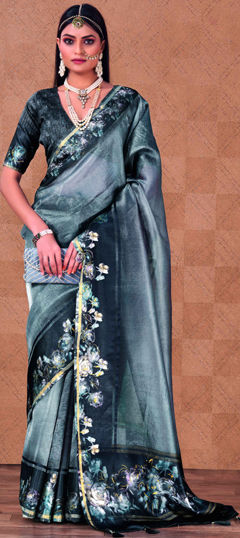 Black and Grey color Saree in Silk fabric with Floral, Printed work