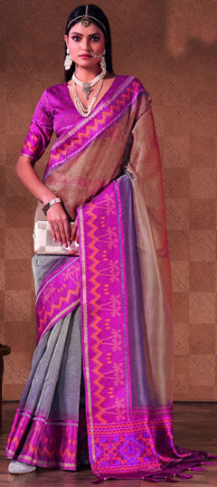 Beige and Brown, Black and Grey color Saree in Silk fabric with Weaving work