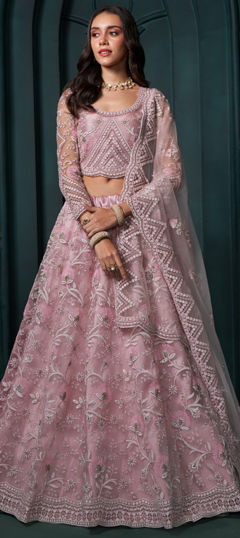 Pink and Majenta color Lehenga in Net fabric with Embroidered, Sequence, Thread work