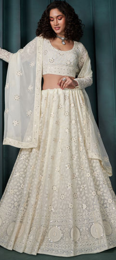 White and Off White color Lehenga in Georgette fabric with Embroidered, Sequence, Thread work