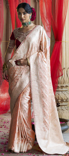 Bridal, Traditional, Wedding Pink and Majenta color Saree in Silk fabric with South Lace, Weaving work : 1968910