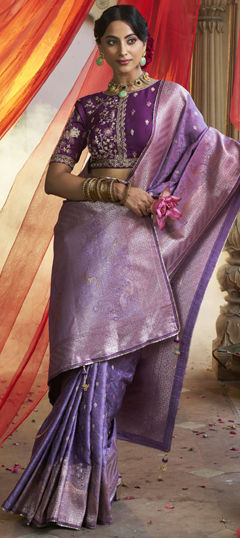 Bridal, Traditional, Wedding Purple and Violet color Saree in Silk fabric with South Lace, Weaving work : 1968913