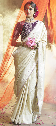 Bridal, Traditional, Wedding White and Off White color Saree in Silk fabric with South Lace, Weaving work : 1968915