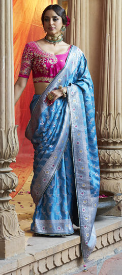 Blue color Saree in Silk fabric with Lace, Weaving work