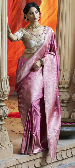 Bridal, Traditional, Wedding Pink and Majenta color Saree in Silk fabric with South Lace, Weaving work : 1968919