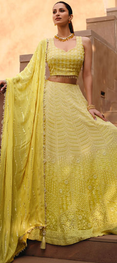 Bridal, Wedding Yellow color Ready to Wear Lehenga in Georgette fabric with Flared Embroidered, Sequence, Thread work : 1968966