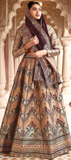 Beige and Brown color Lehenga in Kanjeevaram Silk fabric with Weaving, Zari work