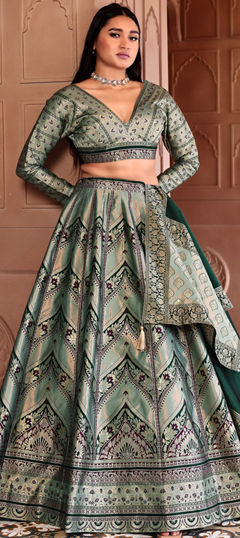 Green color Lehenga in Kanjeevaram Silk fabric with Weaving, Zari work