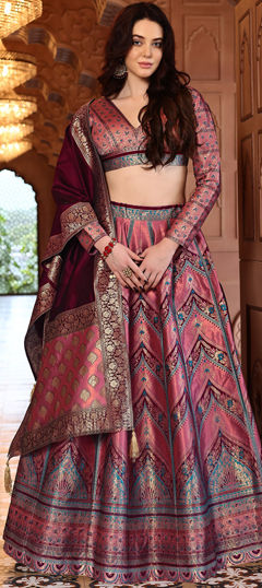 Pink and Majenta color Lehenga in Kanjeevaram Silk fabric with Weaving, Zari work