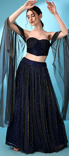 Blue color Lehenga in Net fabric with Sequence, Thread work