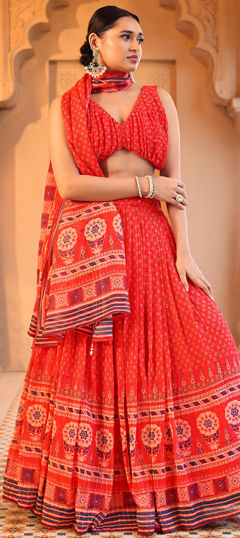 Festive, Reception, Wedding Red and Maroon color Lehenga in Chiffon fabric with Flared Floral, Printed work : 1968981