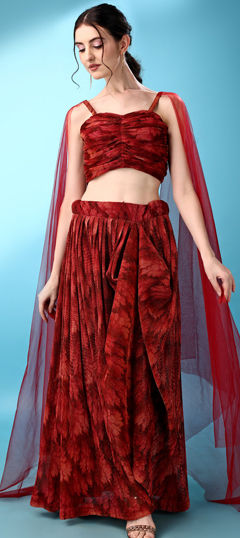 Red and Maroon color Lehenga in Net fabric with Sequence, Thread work