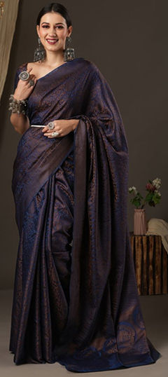 Blue color Saree in Blended fabric with Weaving work